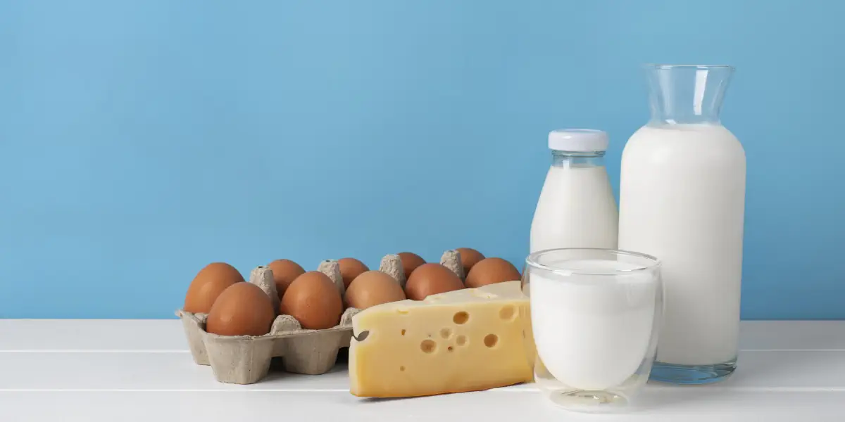 Tavola con sopra uova, latte e formaggio
